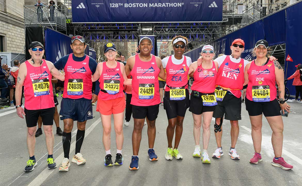 Eight Dana-Farber Marathon Challenge runners at the finish line