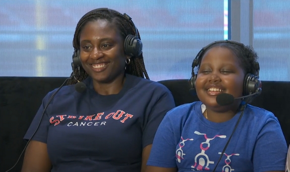 Frame from 2023 WEEI/NESN Jimmy Fund Radio Telethon recap video featuring Norma Rose and her mom