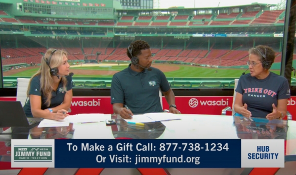 Frame from 2023 WEEI/NESN Jimmy Fund Radio Telethon recap video featuring Patti