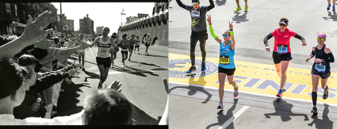 A black and white photo of a runner high-fiving the crowd at the 1995 Boston Marathon next to a photo of runners crossing the 2022 Boston Marathon finish line