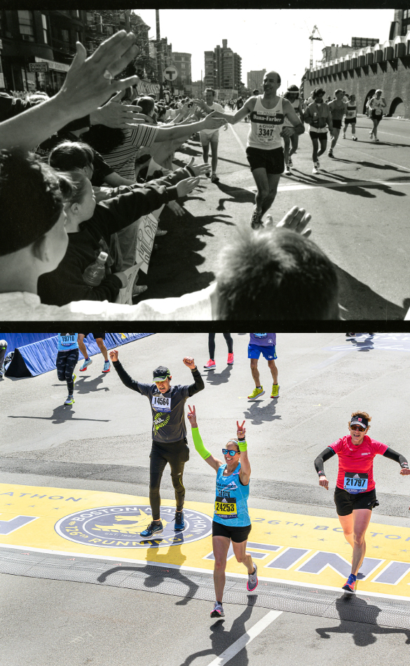 A black and white photo of a runner high-fiving the crowd at the 1995 Boston Marathon above a photo of runners crossing the 2022 Boston Marathon finish line