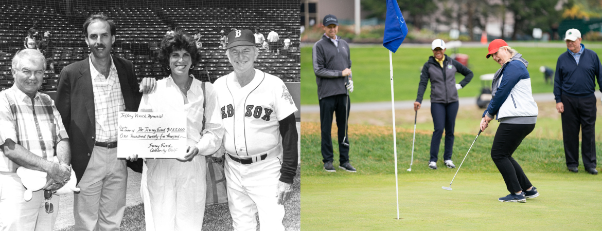 A black and white photo of a check presentation for a 1985 golf tournament next to a photo of golfers on the 2022 Jimmy Fund Golf Classic course