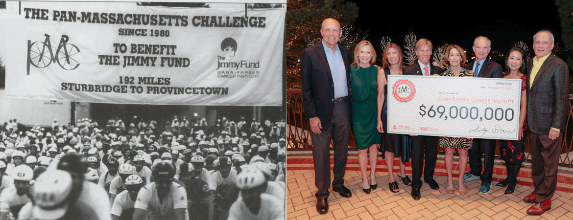 A black and white photo of the Pan-Mass Challenge in the 1980s next to a photo of the 2022 check presentation