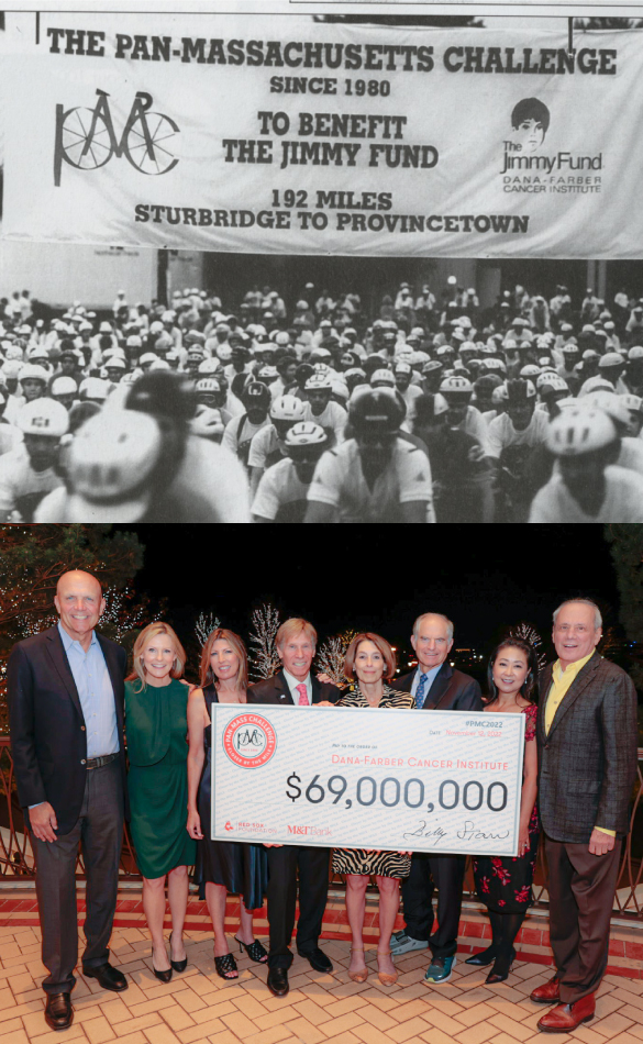 A black and white photo of the Pan-Mass Challenge in the 1980s above a photo of the 2022 check presentation
