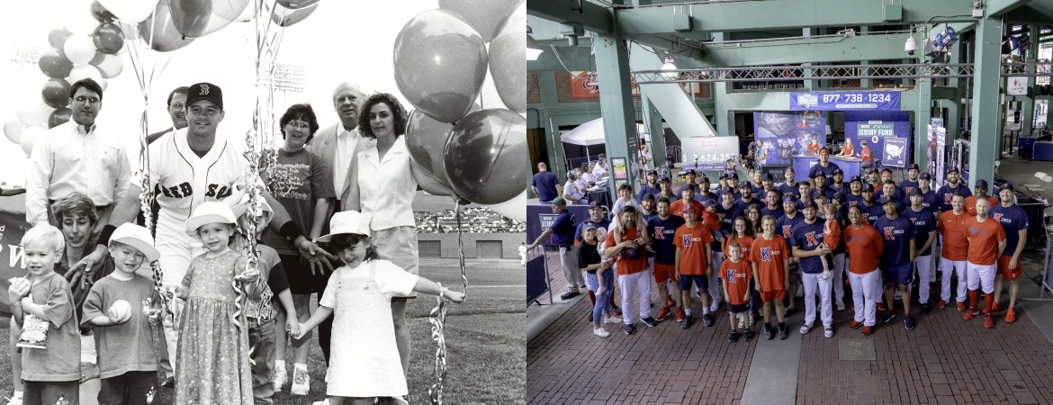 A black and white photo of patients and parents at Fenway next to a photo of the 2022 Red Sox team