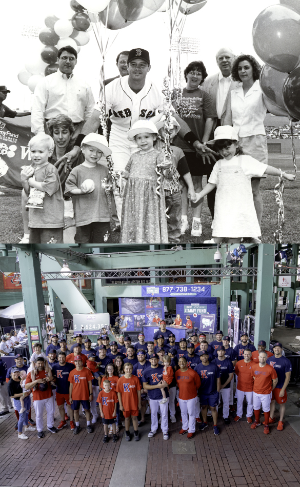A black and white photo of patients and parents at Fenway above a photo of the 2022 Red Sox team