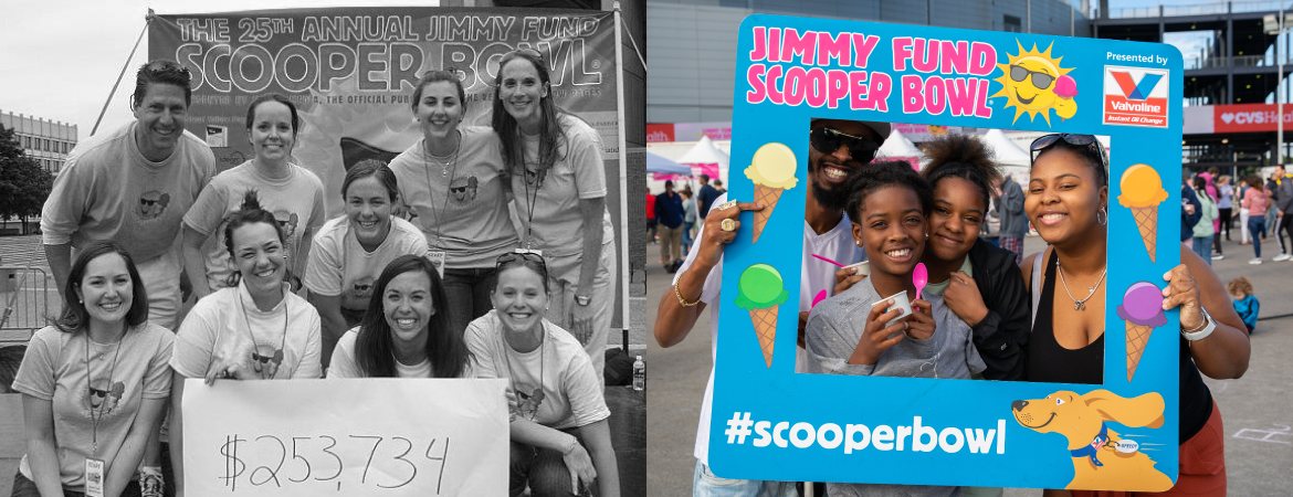 A black and white photo of 2007 Scooper Bowl volunteers next to a photo of a family at the 2022 Scooper Bowl