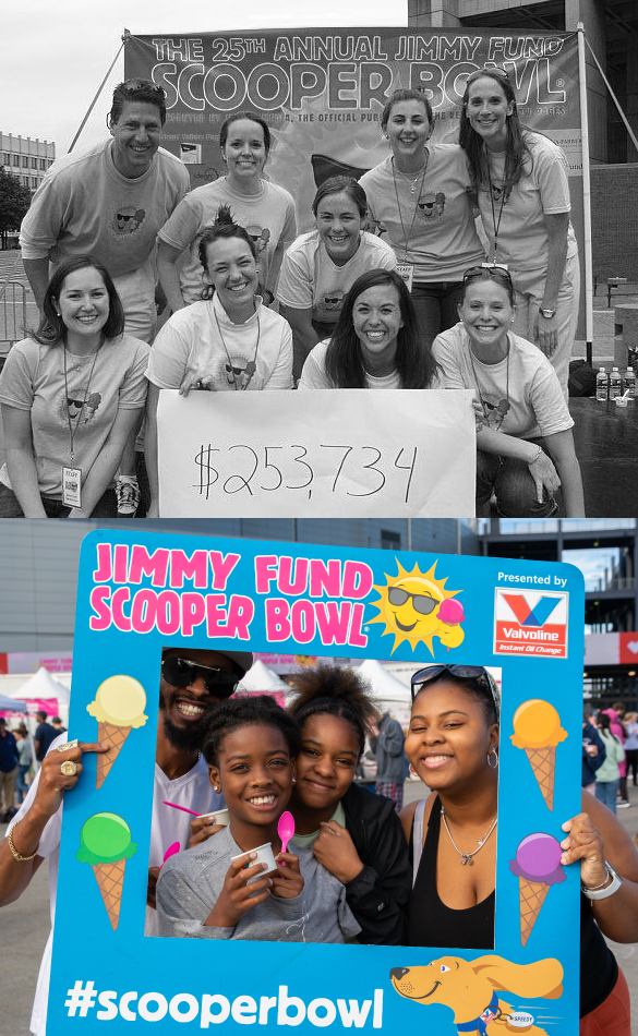 A black and white photo of 2007 Scooper Bowl volunteers above a photo of a family at the 2022 Scooper Bowl