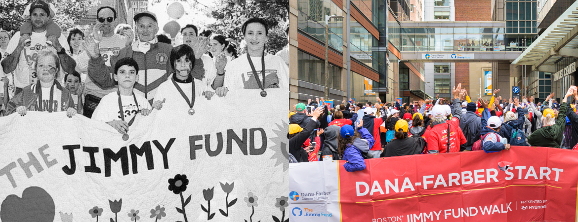 A black and white photo of walkers at the 1997 Jimmy Fund Walk next to a photo of walkers at the Dana-Farber campus