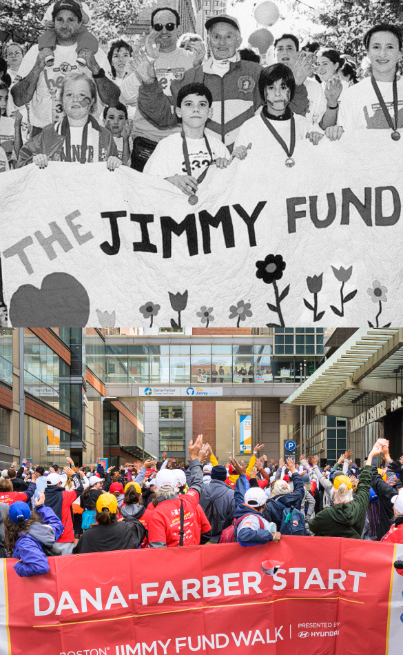 A black and white photo of walkers at the 1997 Jimmy Fund Walk above a photo of walkers at the Dana-Farber campus