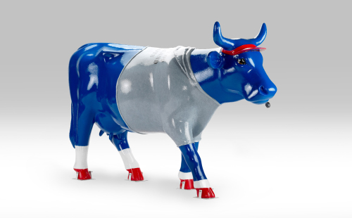 Blue Bill Belichick inspired cow facing right