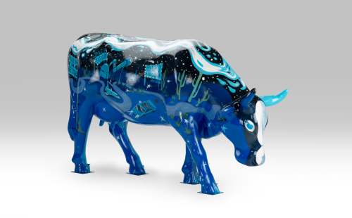 Blue Route 66 inspired cow facing right