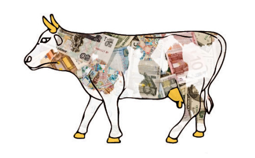Cow covered in various currency facing left