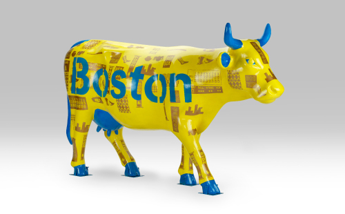 Yellow and blue Boston Red Sox City Connect cow facing right