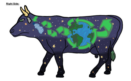 Colorful cow with recycle symbols facing left