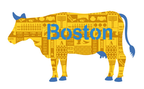 Yellow and blue Boston Red Sox City Connect cow facing left