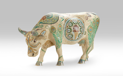 Glass and ceramic mosaic cow facing left