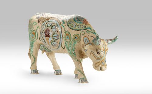 Glass and ceramic mosaic cow facing right