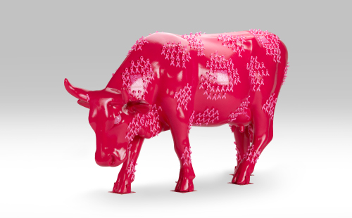 Pink cow with breast cancer ribbons facing left