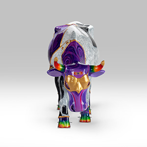 Purple cow sculpture with gold mask grazing
