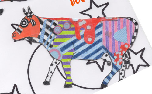 Colorful cow facing left
