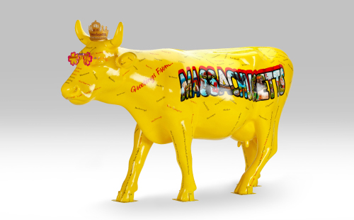 Yellow cow with Massachusetts lettering facing left