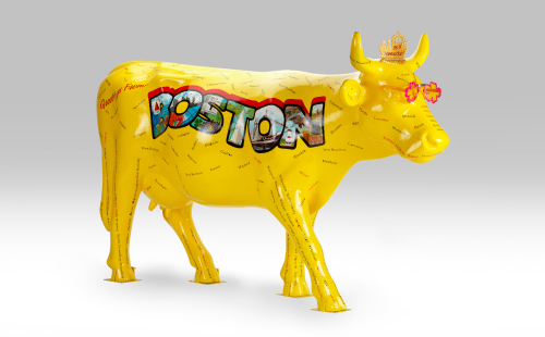 Yellow cow with Boston lettering facing right