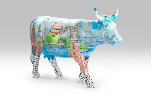 Cow with Boston landmarks facing right