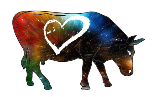 Colorful cow with a white heart facing right
