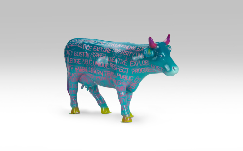 Teal mini cow covered in pink words facing left