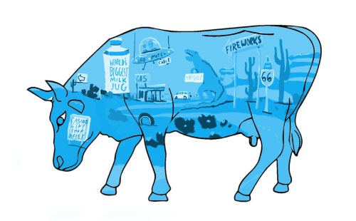 Blue Route 66 inspired cow facing left
