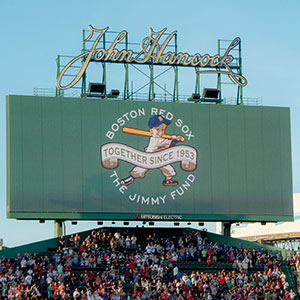 Boston Red Sox and The Jimmy Fund, Together Since 1953 logo on the display at Fenway park