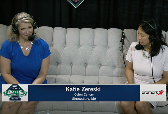 Frame from 2021 WEEI/NESN Jimmy Fund Radio Telethon recap video featuring Katie and Dr. Ng