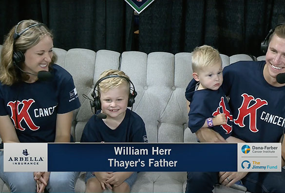 Frame from 2021 WEEI/NESN Jimmy Fund Radio Telethon recap video featuring Thayer and his family