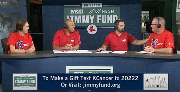 Frame from 2022 WEEI/NESN Jimmy Fund Radio Telethon recap video featuring Chuck and his daughter