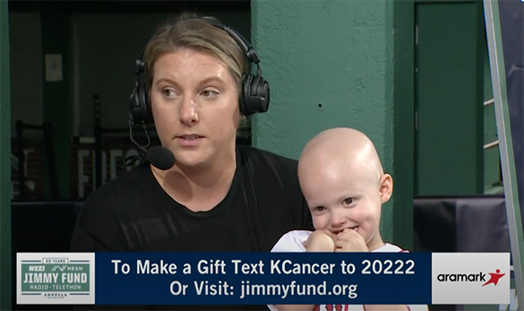 Frame from 2022 WEEI/NESN Jimmy Fund Radio Telethon recap video featuring Violet and her mom